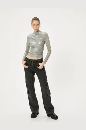 Koton Metallic Tulle T-Shirt Stand Collar Long Sleeve Drape Detailed Lined