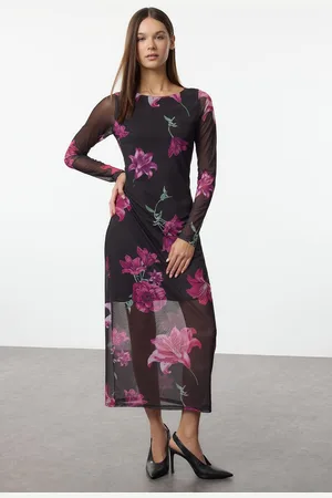 Trendyol Pink Floral Crew Neck Lined Bodycon Tulle Midi Knitted Dress