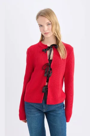 DeFacto Regular Fit Crew Neck Tie-Up Knitwear Cardigan