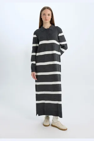 DeFacto Regular Fit Polo Collar Buttoned Striped Long Sleeve Maxi Dress