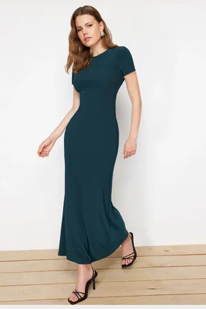 Trendyol Emerald Green Short Sleeve Fitted Crew Neck Flexible Knitted Maxi Pencil Dress