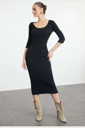 Trendyol Black Fitted Long Sleeve Crew Neck Maxi Stretchy Knitted Dress