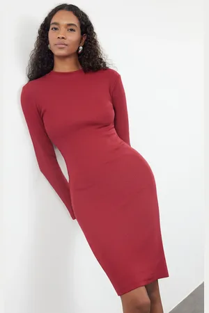 Trendyol Burgundy Fitted Long Sleeve Ribbed Stretchy Knitted Dress