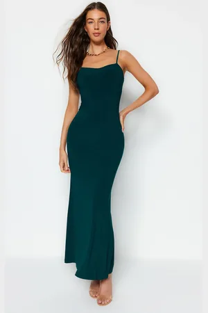 Trendyol Emerald Green Vypasované páskové maxi elastické pletené šaty