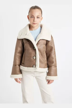 DeFacto Girls Water Repellent Large Collar Plush Lined Buttoned Jacket Coat