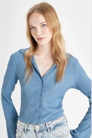 DeFacto Cool Fitted Basic Plain Buttoned Long Sleeve Crop Shirt