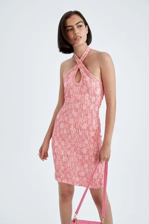 DeFacto Bodycon Wrap Collar Floral Jacquard Mini Dress