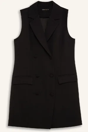 DeFacto A-Line Double Breasted Buttoned Basic Plain Sleeveless Midi Black Blazer Dress