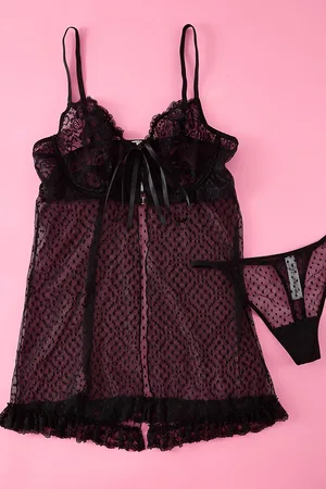 Trendyol Curve Black Coverless Polka Dot Lace Plus Size Babydoll-Thong