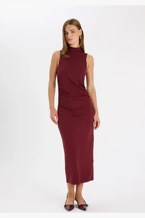 DeFacto Bodycon Fitted Basic Plain Half Turtleneck Sleeveless Maxi Burgundy Dress