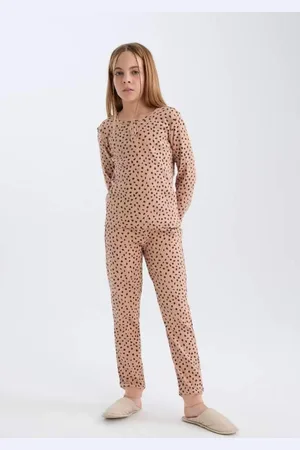 DeFacto Girls Pajama Set Ribbed Camisole Patterned Crew Neck Long Sleeve Top Long Bottom