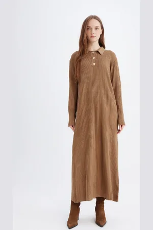 DeFacto Regular Fit Polo Neck Basic Plain Maxi Knit Dress