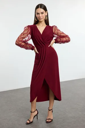 Trendyol Burgundy Double Breasted Sleeve Detailed Knitted Chic Dress