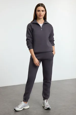 Trendyol Anthracite Thick Polar Fleece Zippered Stand Collar Jogger Knitted Tracksuit