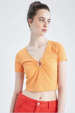 DeFacto Fitted V-Neck Gathered Short Sleeve T-Shirt