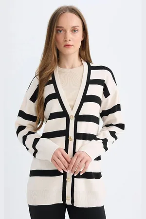 DeFacto Regular Fit V Neck Striped Button-Down Tunic Knitwear Cardigan