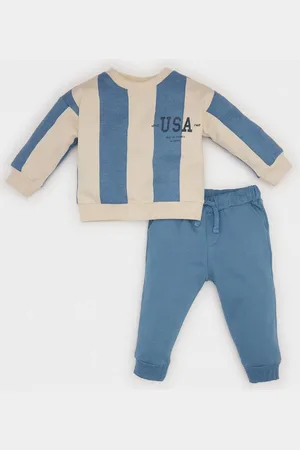 DeFacto Baby Boy 2-Piece Set Striped Crew Neck Printed Sweatshirt Elastic Waist Tracksuit Bottoms