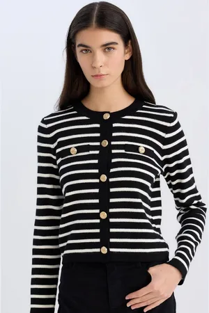DeFacto Regular Fit Crew Neck Striped Buttoned Knitwear Cardigan