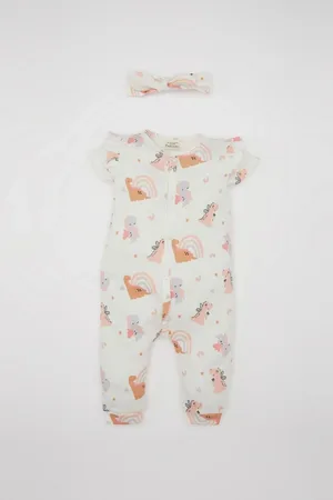 DeFacto Baby Girl Newborn Dinosaur Printed Short Sleeve Waffle Romper Bandana 2-Piece Set