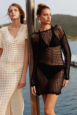DeFacto Crew Neck Long Sleeve Mini Knit Crochet Beach Dress