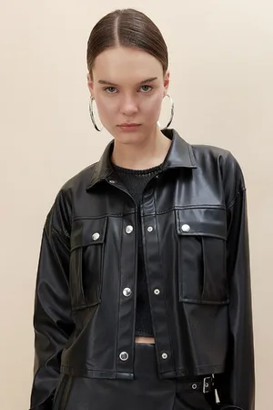DeFacto Oversize Wide Fit Faux Leather Long Sleeve Shirt