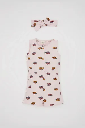 DeFacto Baby Girl Floral Waffle Sleeveless Jumpsuit Headband Set of 2
