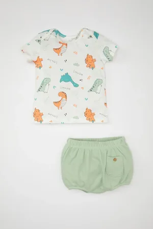 DeFacto Baby Boy 2-Piece Set Dinosaur Patterned Waffle Short Sleeve T-Shirt Top Elastic Waist Shorts Bottom