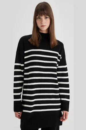 DeFacto Relax Fit Striped Turtleneck Slit Knitwear Sweater Tunic
