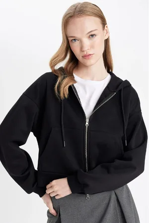 DeFacto Coool Standard Fit Hooded Basic Plain Kangaroo Pocket Zippered Black Sweatshirt