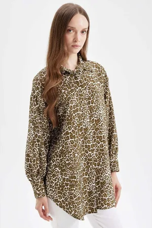 DeFacto Regular Fit Shirt Collar Leopard Print Long Sleeve Shirt Tunic