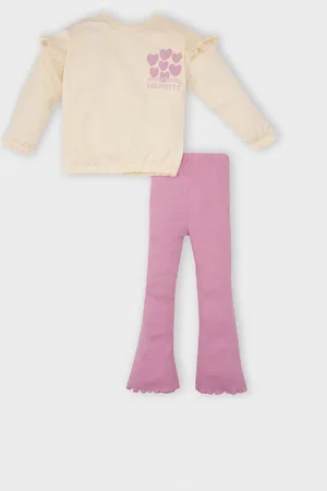DeFacto Baby Girl 2-Piece Set Heart Patterned Crew Neck Sweatshirt Top Elastic Waist Bell-bottomed Leggings