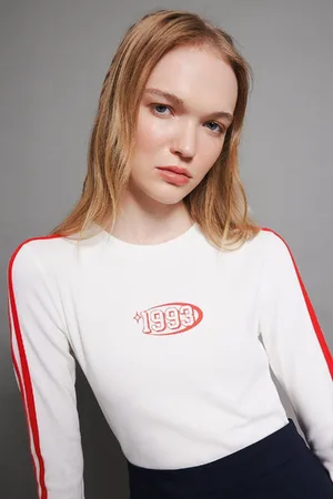 DeFacto White Cool Fitted Bodycon Crew Neck Printed Ribbed Long Sleeve T-Shirt
