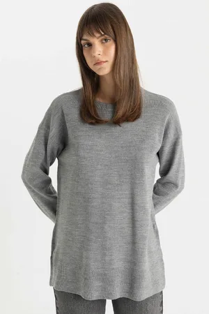 DeFacto Regular Fit Crew Neck Slit Basic Plain Knitwear Sweater Tunic