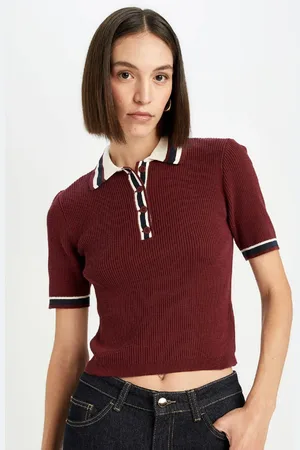 DeFacto Regular Fit Buttoned Polo Neck Short Sleeve Burgundy Knitted Sweater