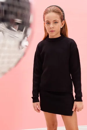 DeFacto Girl Black Crew Neck Slit Knitwear Sweater