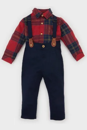 DeFacto Baby Boy Christmas Themed 3-Piece Set Plaid Long Sleeve Shirt Suspender Trousers Pants