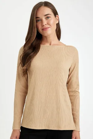 DeFacto Regular Fit Boat Neck Crepe Long Sleeve T-Shirt