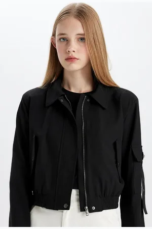 DeFacto Shirt Collar Basic Plain Zipper Snap Pocket Bomber Jacket