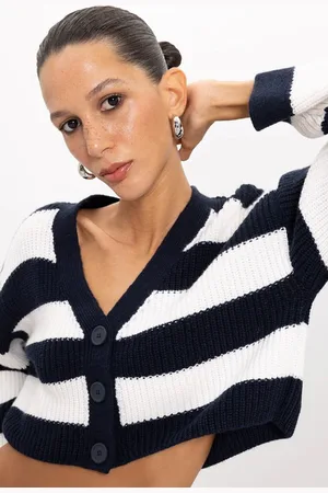 DeFacto Regular Fit V Neck Striped Buttoned Knitted Cardigan