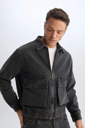 DeFacto Relax Fit Polo Collar Zippered Pocket Washed Jean Jacket