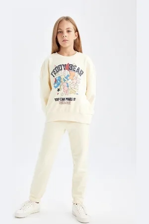 DeFacto Girl 2-Piece Set Printed Crew Neck Thick Sweatshirt Elastic Waist Jogger Tracksuit Bottoms