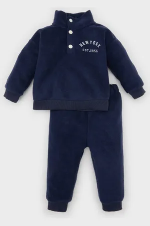 DeFacto Baby Boy 2-Piece Set Stand Collar Buttoned Printed Polar Fleece Sweatshirt Sweatpants