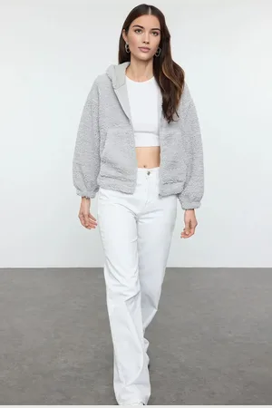 Trendyol Light Grey Plush Regular/Normal Pattern Hooded Zippered Thick Knitted Sweatshirt
