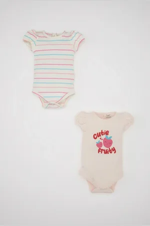 DeFacto Baby Girl Newborn Crew Neck Striped Combed Cotton 2-Piece Short Sleeve Snap-On Body