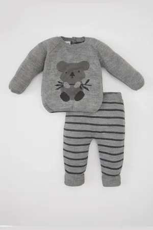 DeFacto Baby Boy Long Sleeve Printed Knitwear Sweater Striped Bottom 2-Piece Set
