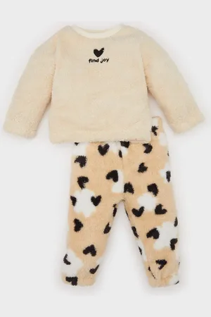 DeFacto Baby Girl 2-Piece Set Heart Patterned Plush Sweatshirt Elastic Waist Bottom