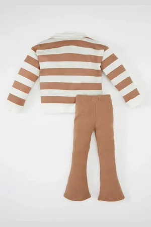 DeFacto Baby Girl 2-Piece Set Polo Collar Striped Sweatshirt Elastic Waist Bell-bottomed Leggings