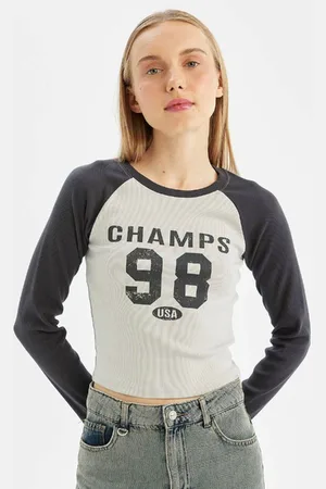DeFacto Anthracite Cool Fitted Crew Neck Ribbed Camisole Printed Long Sleeve T-Shirt