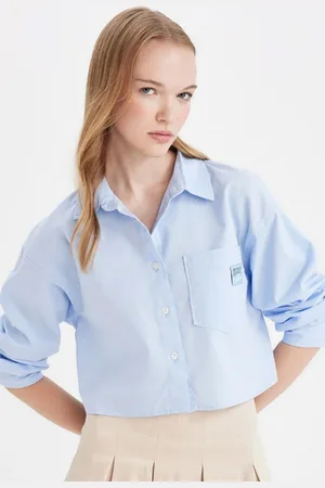 DeFacto Cool Oversize Shirt Collar Plain Basic Pocket Oxford Long Sleeve Crop Shirt
