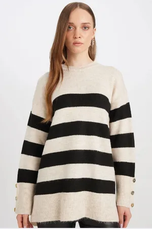 DeFacto Regular Fit Crew Neck Buttoned Striped Knitwear Sweater Tunic